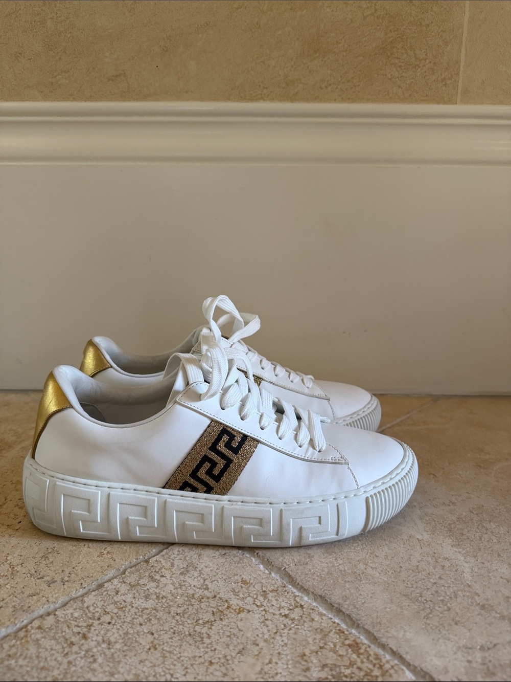 Versace White Leather Sneakers with Gold Accents